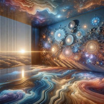 The primary subject of the image is a room with a colorful and artistic design. The room features a large mural on the wall, which adds to the vibrant atmosphere. The setting is a bedroom, and the visual style is a combination of digital art and illustration. The colors and mood of the room are lively and energetic, with a focus on blue and purple hues.
